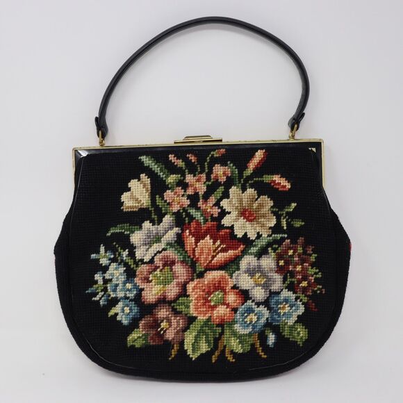 Handmade Handbags - Anton Moritz New York Vintage Custom Bags Needlepoint Handbag Black Floral